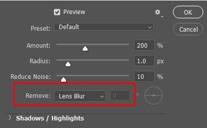 set the Remove option to Lens Blur